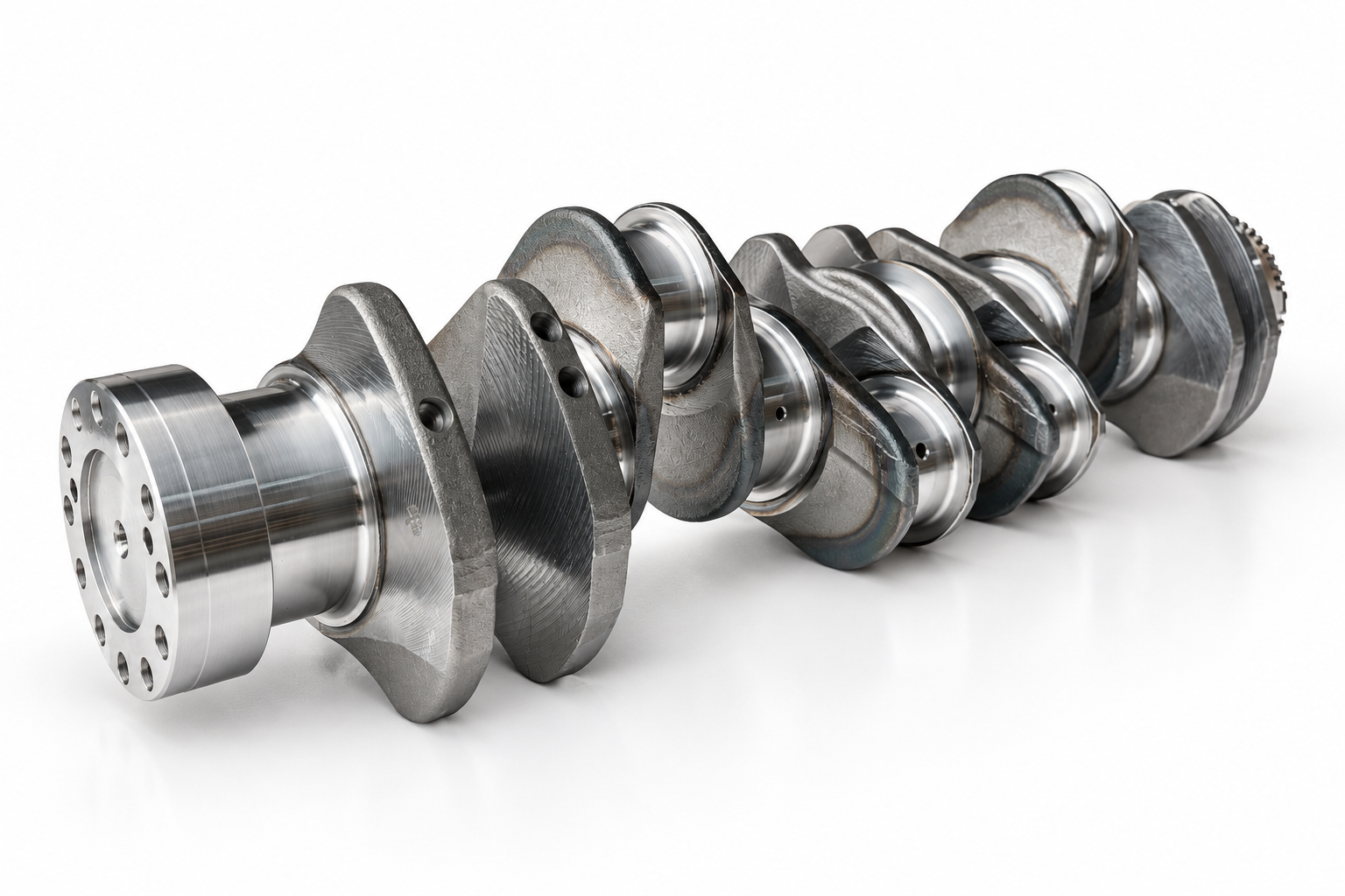Crankshaft with polished journals and a drilled mounting flange on a white background