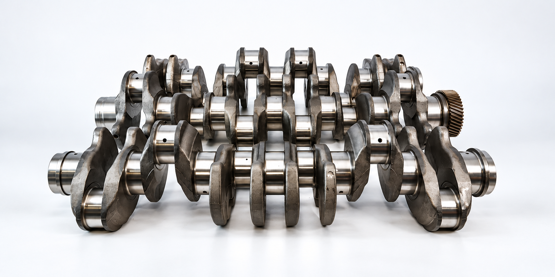 Three crankshafts arranged in rows, including one with a gear at its end