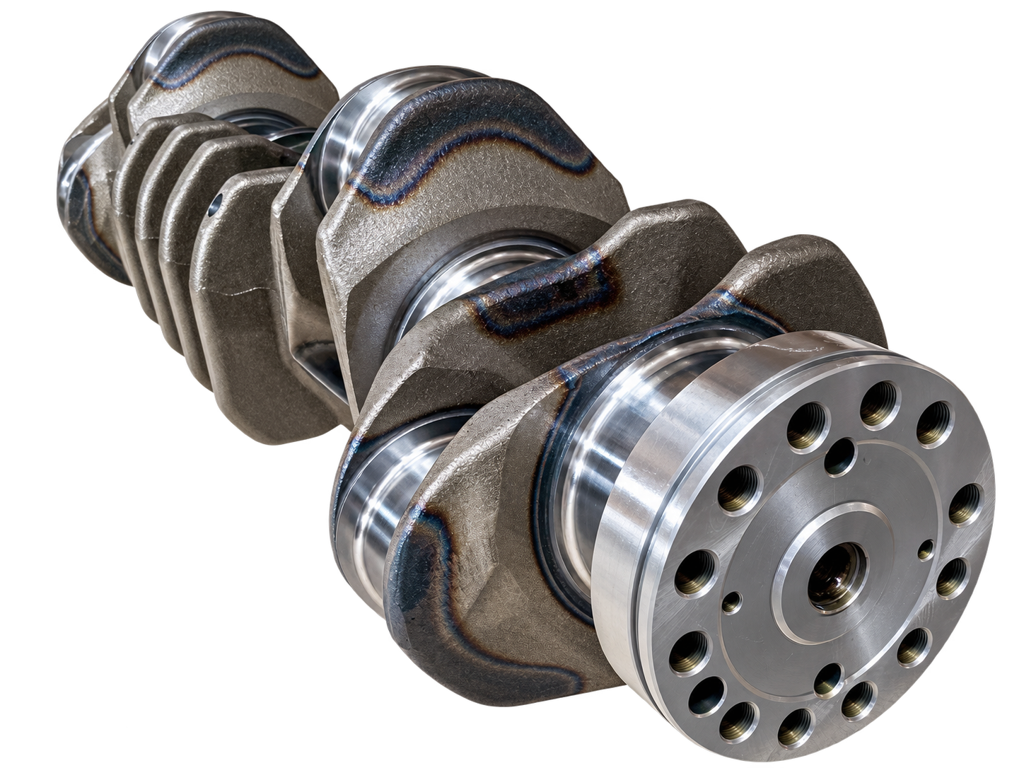 Crankshaft showing journals, counterweights and an end flange