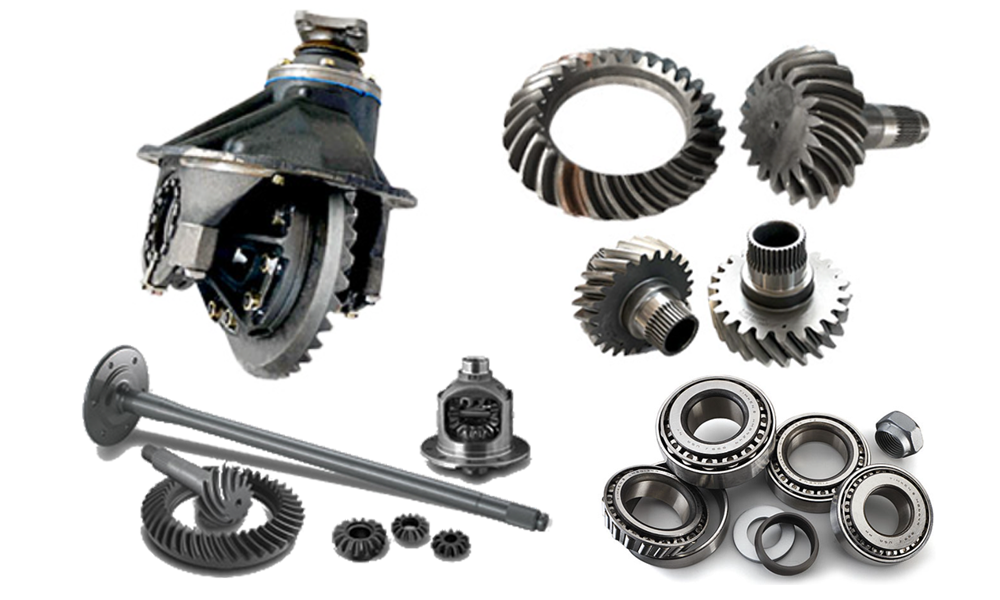 Rear axle differential assembly with ring gear, pinion, bearings, and axle shafts for heavy-duty commercial trucks