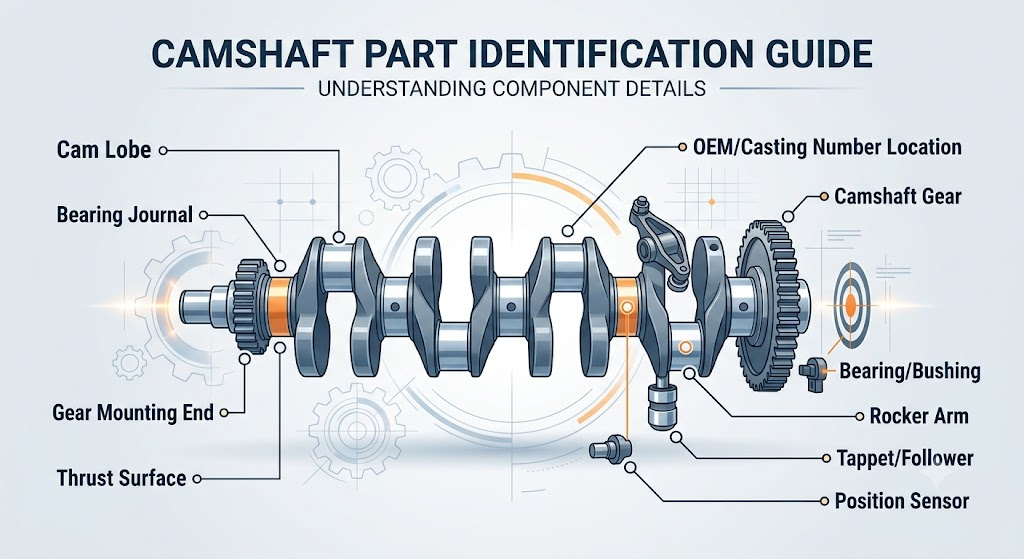 Heavy-duty diesel camshaft and valvetrain component identification diagram