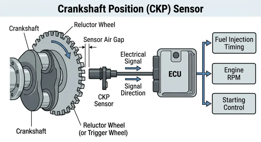 Diagram showing how a crankshaft position sensor sends crankshaft speed and position signals to the ECU