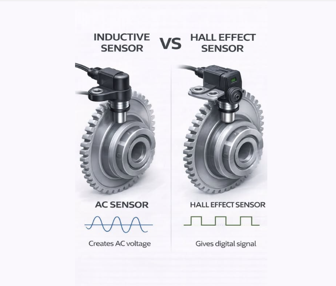 Comparison of inductive and Hall-effect crankshaft position sensors, wiring and signal waveforms