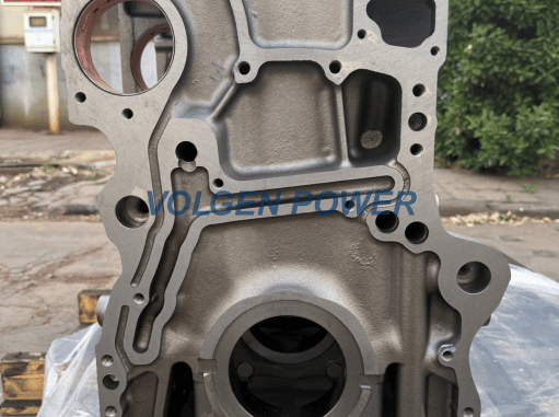 Scania DC13 cylinder block front face showing the casting structure used for engine identification