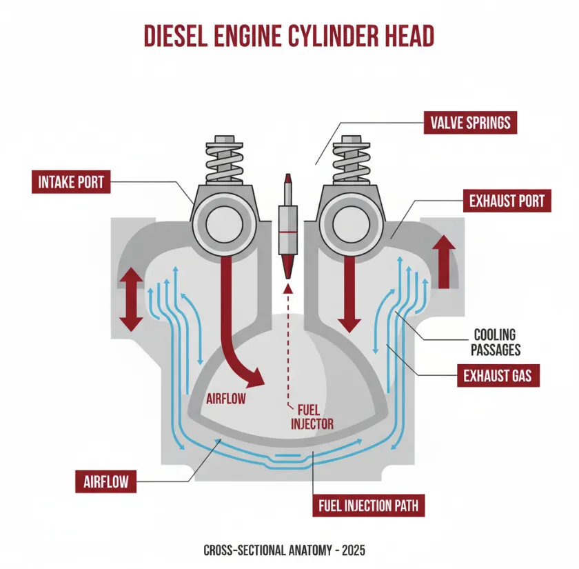 Diesel cylinder head cutaway showing combustion chambers, valve seats, and coolant passages for heavy-duty engine repair Diesel cylinder head cutaway showing combustion chambers, valve seats, and coolant passages for heavy-duty engine repair