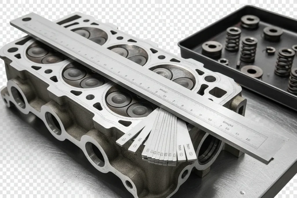 Warped cylinder head being measured with precision straight-edge and feeler gauge to check distortion Warped cylinder head being measured with precision straight-edge and feeler gauge to check distortion