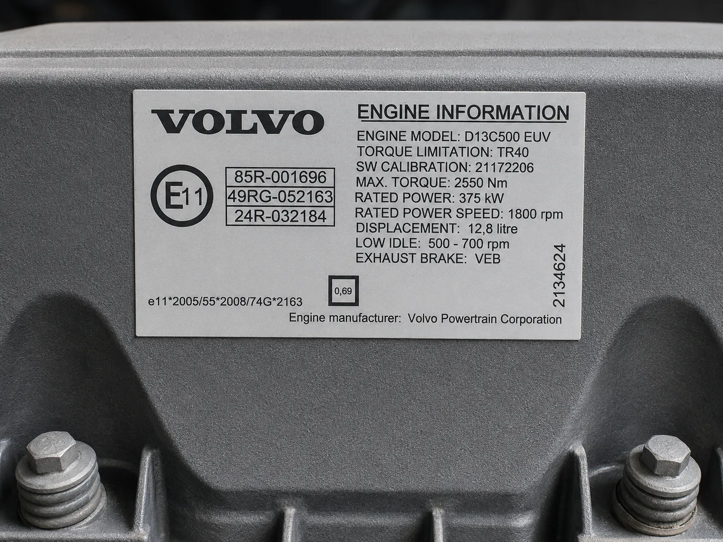 Volvo D13 engine nameplate with engine model and serial information for parts identification