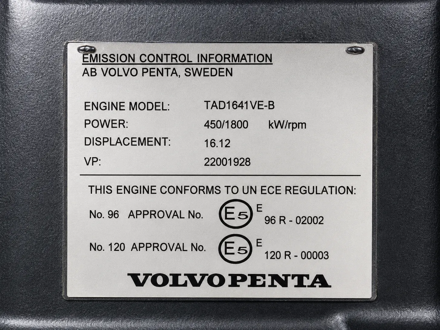 Volvo Penta engine nameplate with model and identification details for engine parts matching