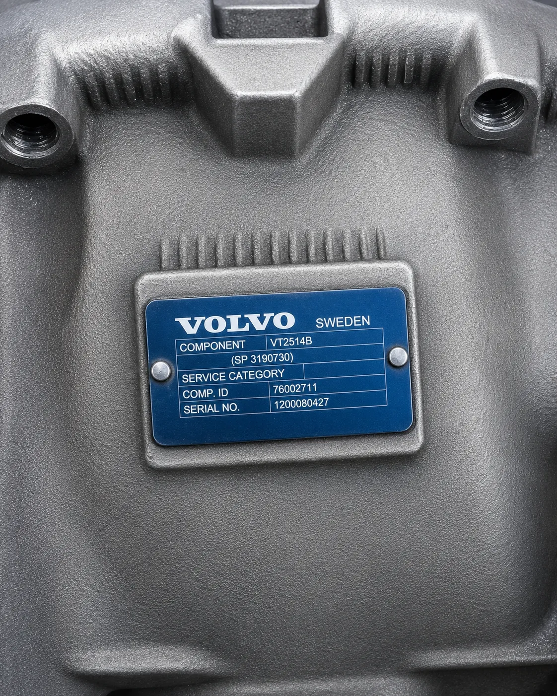 Volvo truck transmission identification plate showing gearbox model serial information and part matching details
