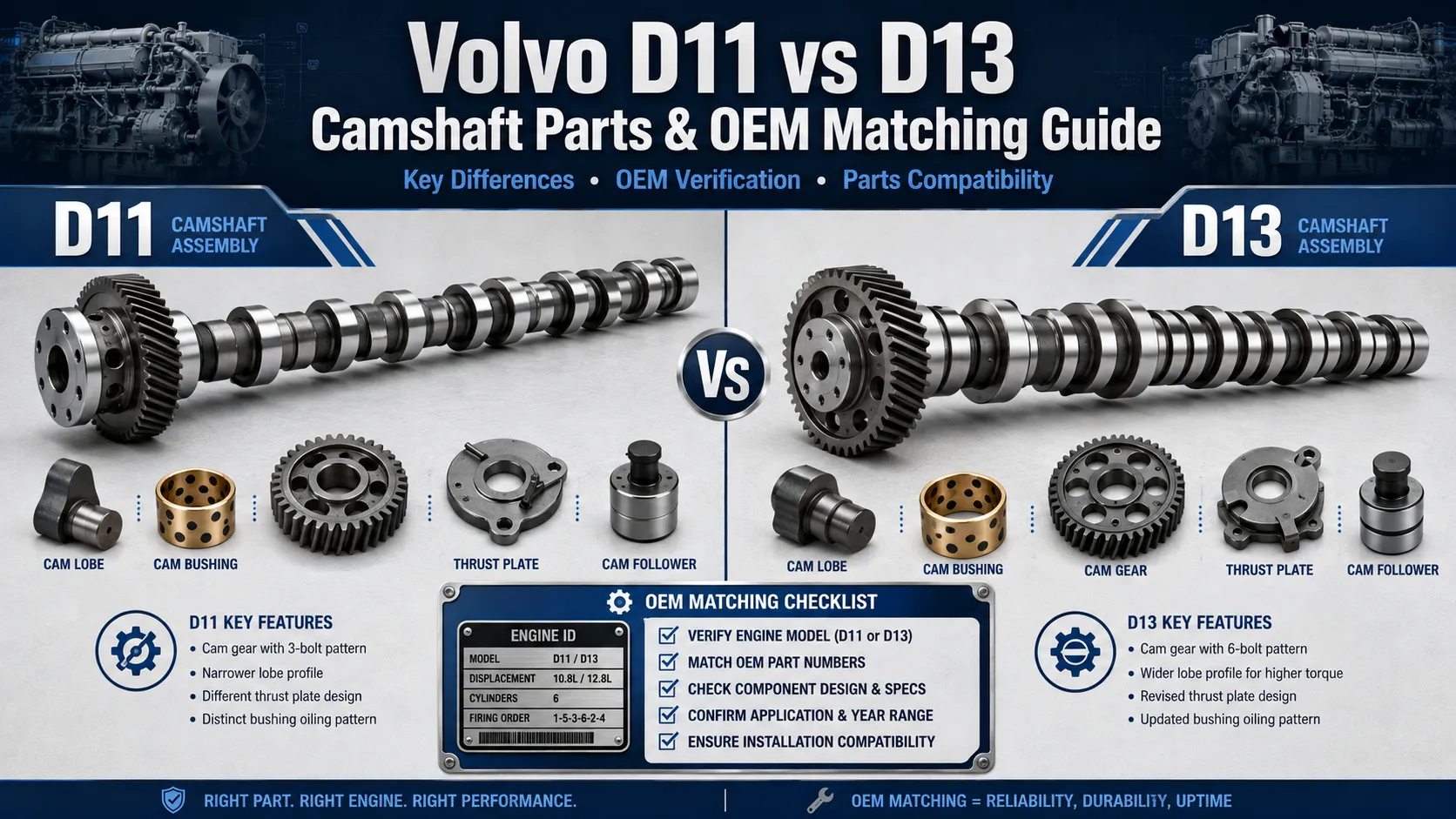Volvo D11 and D13 diesel engine camshafts for OEM compatibility comparison