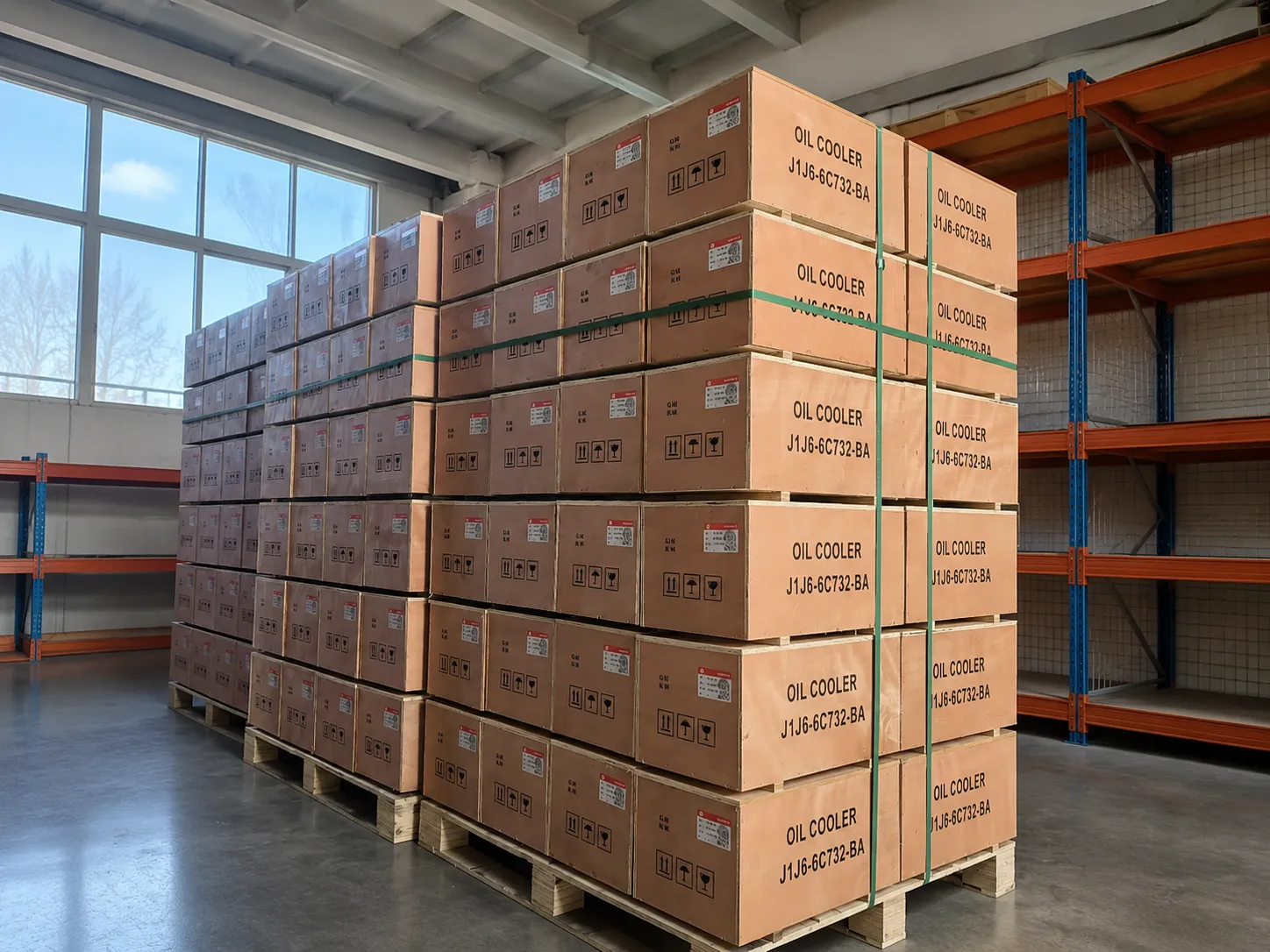 Ford engine oil coolers packed in wooden cases for bulk order and export shipment