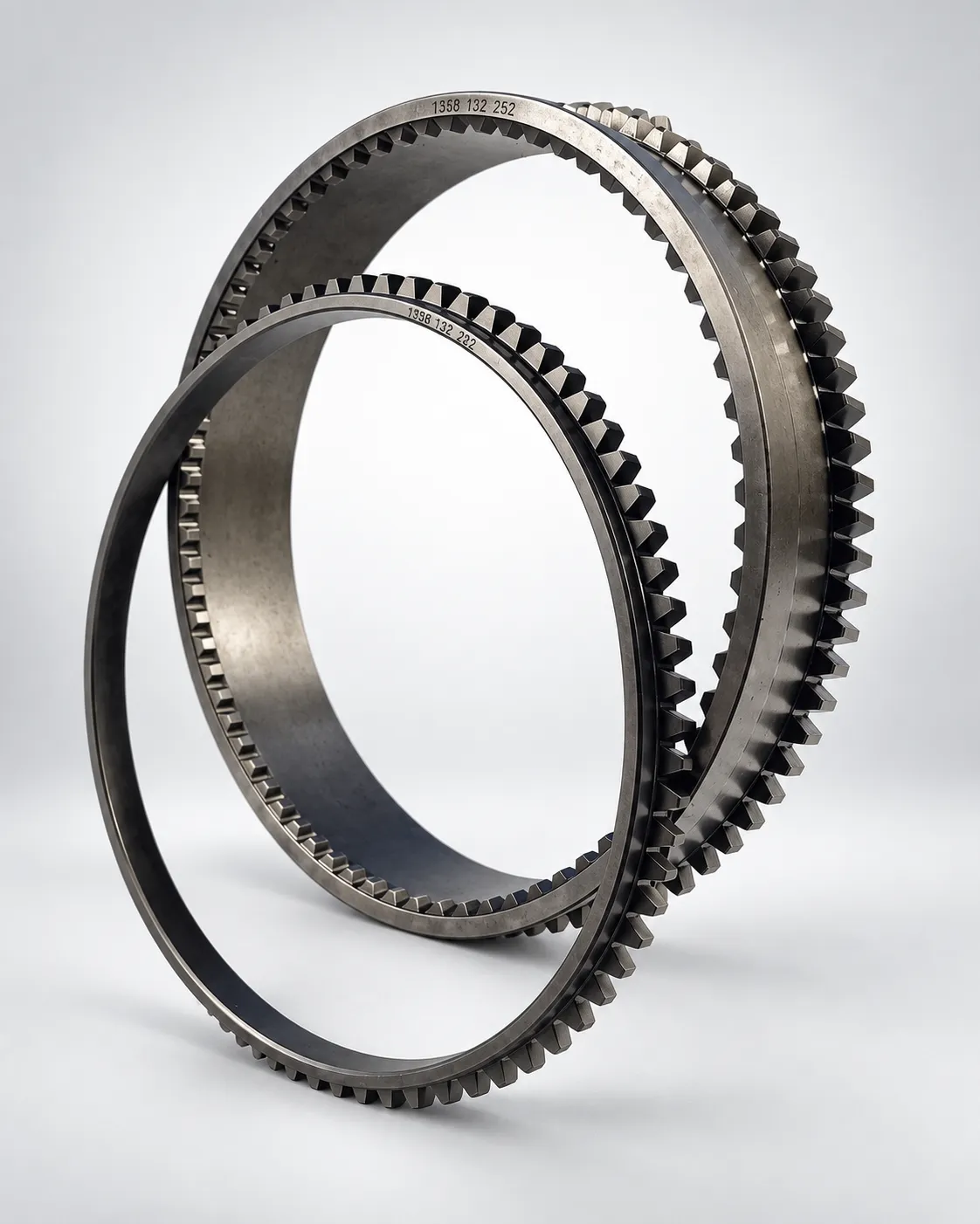 ZF transmission synchronizer ring set showing toothed rings for parts identification