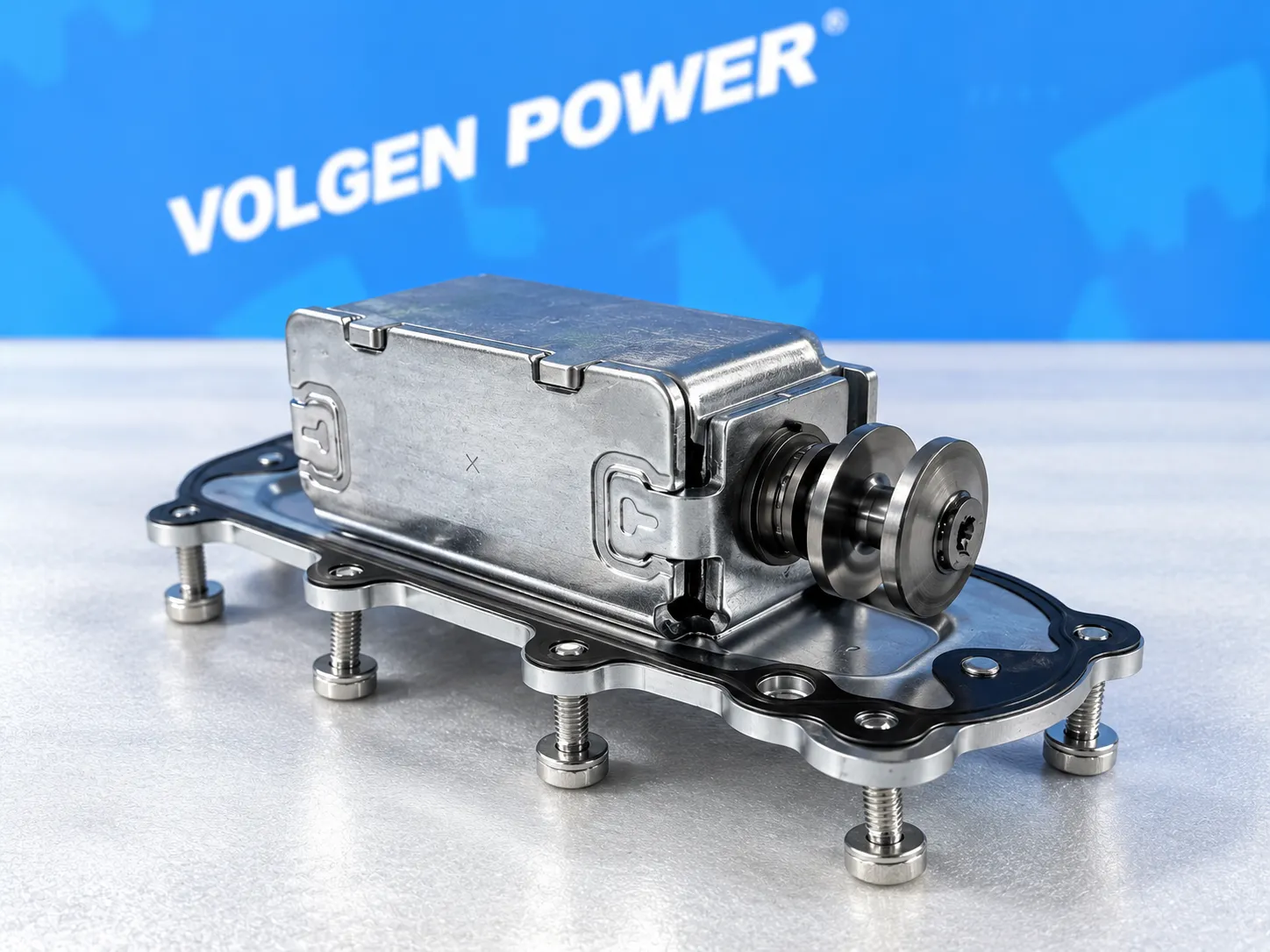 Transmission component with metal housing and mounting plate photographed for parts matching